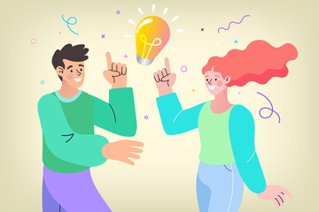 man and woman having idea with light bulb. Having idea and solution concept. creative thinking vector illustration.
