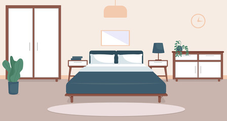 Bedroom interior flat color vector illustration. Cozy living room. Residential lifestyle. Double sized bed. Household room with furniture. Modern home 2D cartoon interior with furnishing on background © IMG visuals characte