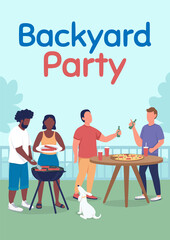 Backyard party poster flat vector template. Friends at BBQ. Weekend activity. Brochure, booklet one page concept design with cartoon characters. Summer holiday flyer, leaflet with copy space
