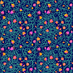 A colorful seamless pattern of bright colors. Vector doodle illustration of intertwined plants for decoration, wrapping paper and fabric