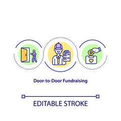 Door to door fundraising concept icon. Finding people to invest money into charity program. Funds collection idea thin line illustration. Vector isolated outline color drawing. Editable stroke