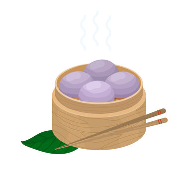 Purple Sweet Taro Steamed Buns. Chinese Pastries With Purple Sweet Potato Yam Bao Ube Pao. Vector Of Steam Taro Yam Buns In Wooden Steamer With Sticks. Icon With Asian Meal Isolated On White