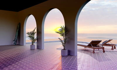 3d render of a patio along the ocean at sunset