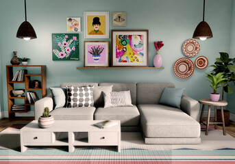 Boho style living room with hand drawn artwork gallery wall