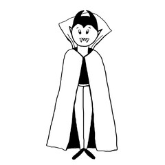Vector image of a vampire in a raincoat for Halloween. Black outline. Hand-drawn. Design of posters, postcards, invitations to the holiday, decor.