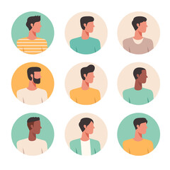 male faces avatars isolated at round icons set, people portraits of young men, vector design flat style illustration