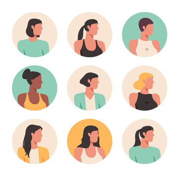 female faces avatars isolated at round icons set, people portraits of young women, vector design flat style illustration