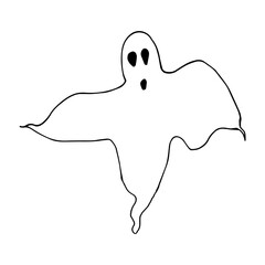 Vector image of a ghost with a face for Halloween. Black outline. Hand-drawn. Design of posters, postcards, invitations for holidays, decor.