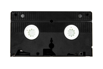 Back side of a vhs videocassette, analog retro video tape isolated on white background