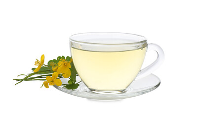 Glass cup of aromatic celandine tea and flowers on white background