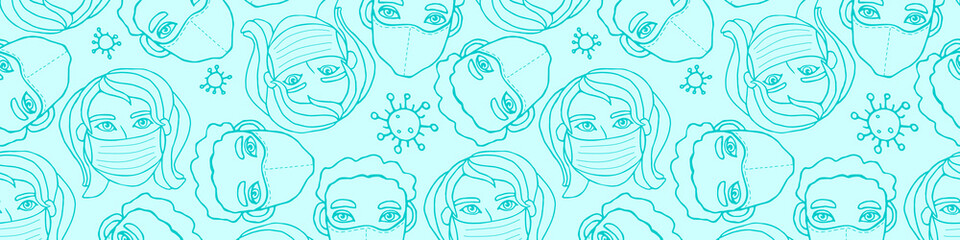 Vector seamless pattern with outline of people wearing medical protective mask and molecules of microbes, viruses, bacteria. Measures to prevent infection. Coronavirus pandemic. Hand drawn, doodle