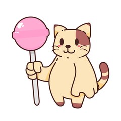 Cute Adorable Happy Big Brown Cat Eat Pink Lollipop Candy cartoon doodle vector illustration flat design style