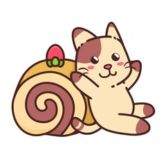 Cute Adorable Happy Brown Cat Eat Roll Cake cartoon doodle vector illustration flat design style