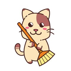 Fototapeta premium Cute Adorable Happy Brown Cat Cleaning Sweeping With Orange Broom cartoon doodle vector illustration flat design style