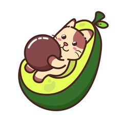 Cute Adorable Happy Brown Cat Eat Big Avocado cartoon doodle vector illustration flat design style