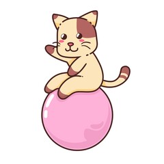 Cute Adorable Happy Brown Cat Play Big Pink Ball cartoon doodle vector illustration flat design style