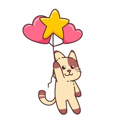 Cute Adorable Happy Brown Cat Fly With Star and Love Balloon cartoon doodle vector illustration flat design style
