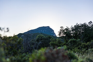 Vue sur le Pic Saint-Loup depuis le Château de Montferrand au coucher du soleil (Occitanie, France)