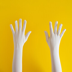 hands with white glove on yellow sunny summer background. modern summer abstract art. mimalism