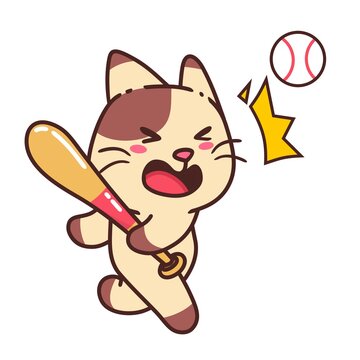 Cute Adorable Happy Brown Cat Play Baseball cartoon doodle vector illustration flat design style