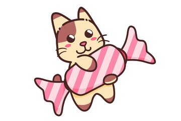 Cute Adorable Happy Brown Cat Eat Pink Sweet Candy cartoon doodle vector illustration flat design style