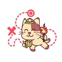 Cute Adorable Happy Brown Cat Explorer Use Torch and Map Character cartoon doodle vector illustration flat design style