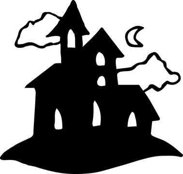 Vector image of an old house for Halloween. Black outline. Hand-drawn. Design of posters, postcards, invitations for holidays, decor.