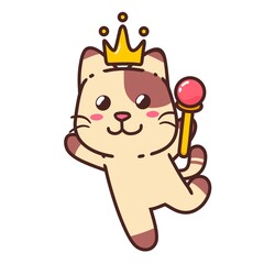 Cute Adorable Happy Brown Cat Royal King cartoon doodle vector illustration flat design style