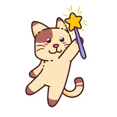 Cute Adorable Happy Brown Cat Play With Star Magic Wand cartoon doodle vector illustration flat design style