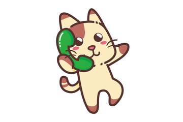 Cute Adorable Happy Brown Cat and Green Telephone cartoon doodle vector illustration flat design style