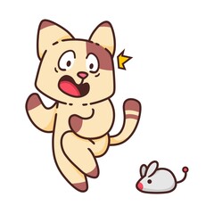 Cute Adorable Scary Brown Cat Because Little Mouse cartoon doodle vector illustration flat design style