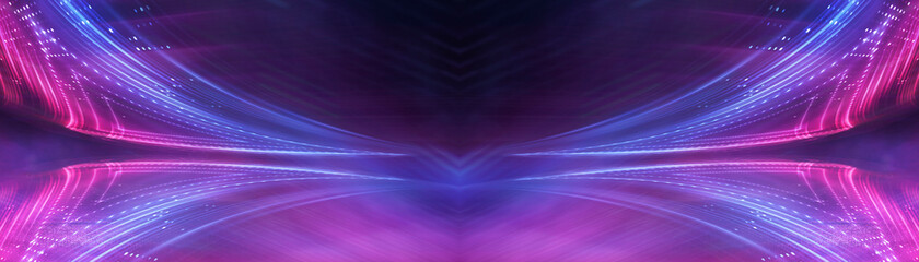 Abstract neon futuristic background. Distortion of light rays. Dark futuristic scene, smoke, smog, rays and lines. Illusion fantastic, neon background, tunnel. Dark street scene with neon lights. 