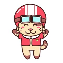 Obraz premium Cute Adorable Happy Brown Cat Red Rider Suit And Helmet cartoon doodle vector illustration flat design style
