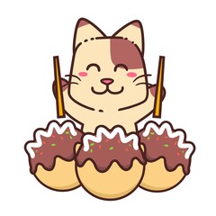 Cute Adorable Happy Brown Cat Eat Japanese Cuisine Street Food Takoyaki cartoon doodle vector illustration flat design style