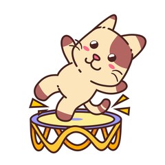 Cute Adorable Happy Brown Cat Jump In Trampoline cartoon doodle vector illustration flat design style