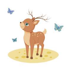 Cute deer baby with and butterfly. Kawaii character. Vector children illustration. Isolated on white.