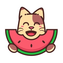 Cute Adorable Happy Brown Cat Eat Watermelon cartoon doodle vector illustration flat design style