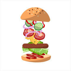 Burger on white isolated background. Hamburger ingredients. Cheeseburger with cutlet, tomatoes, pepper, cucumber, lettuce, sauce on sesame buns