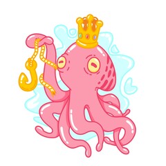 king octopus with gold yellow fish bait colorful cute cartoon doodle vector illustration flat design style