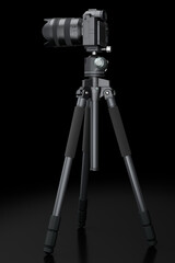 Photo and video tripod with nonexistent DSLR camera on isolated on black