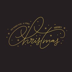 Christmas greeting card with Calligraphic golden lettering and  golden Christmas Decorations.