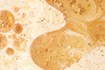Macro Gold bubble drops. Abstract flow color blots horizontal background.