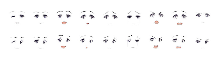 Anime manga boy expressions eyes set. Japanese cartoon style - obrazy, fototapety, plakaty
