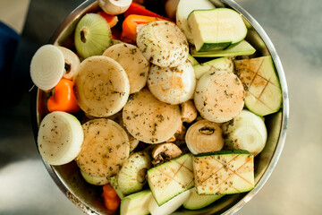 top view of bowl with chopped vegetables. Healthy eating