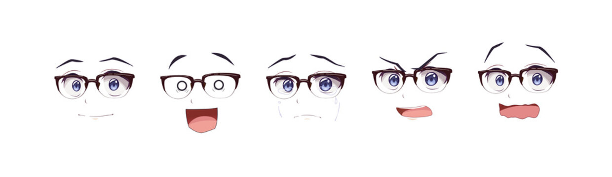 Anime manga boy in glasses expressions eyes set. Japanese cartoon style