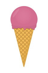 Strawberry ice cream waffle cone. Frozen dessert vector illustration.