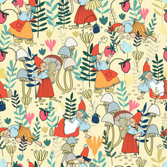 Seamless pattern with funny female gnome gathering berries, mushrooms, flowers. Fairy tale elf girls in red hats and wooden shoes in the forest. Vector illustration for children