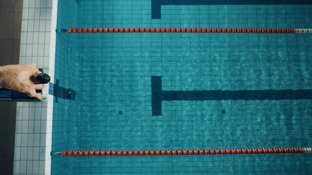 Aerial Top View Male Swimmer Diving and Swimming in Olympic Swimming Pool. Professional Athlete Performing at Championship, using Butterfly Style. Determination to Win. Cinematic Tracking Slow Motion
