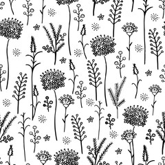 Romantic seamless vector floral pattern, with twigs, leaves. hand-drawn black and white illustration