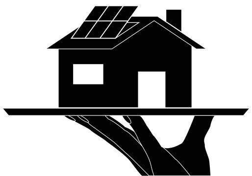 Tu casa a la carta en blanco y negro. Casa sobre bandeja sujetada por la mano de un camarero